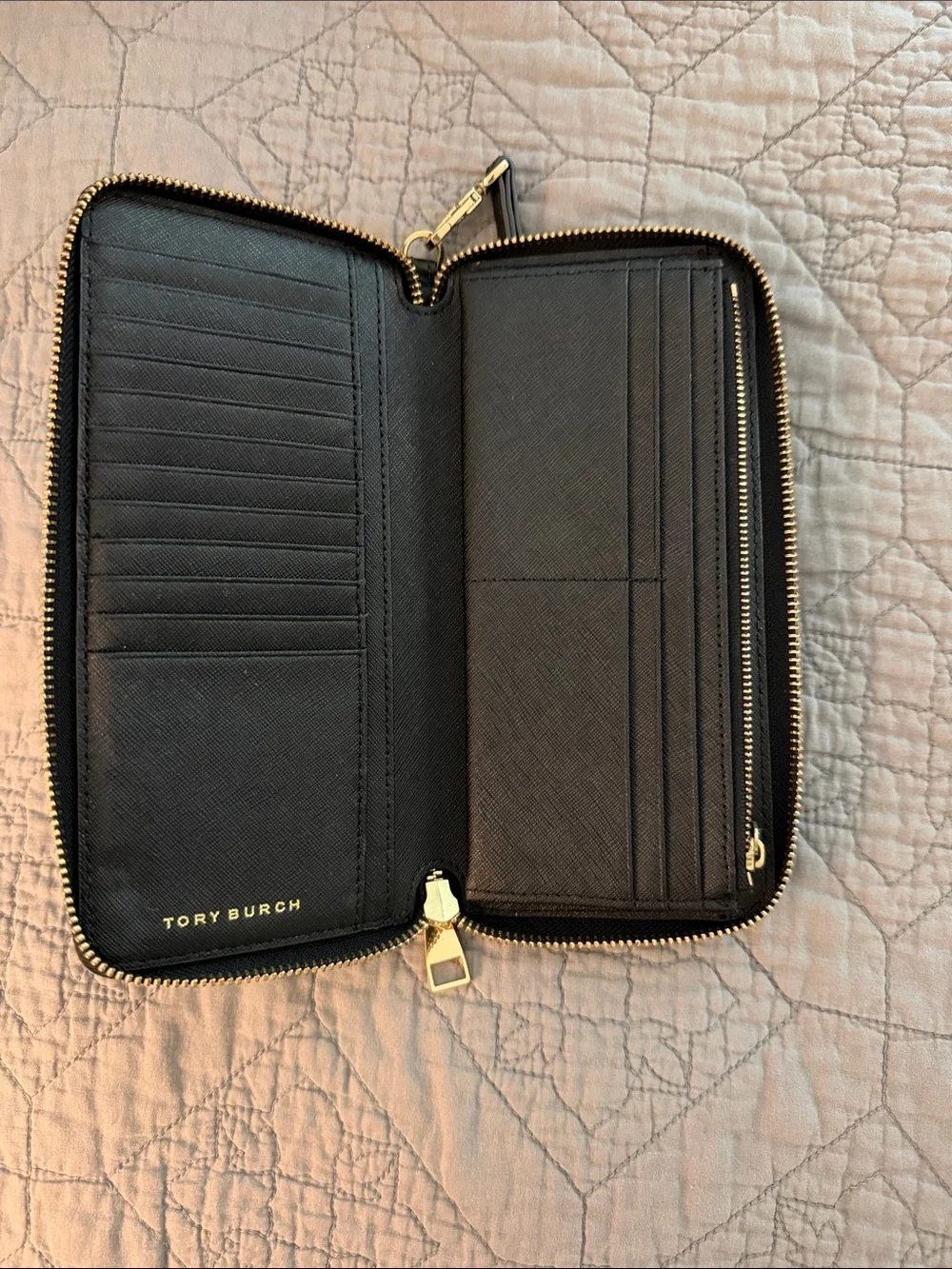 Tory Burch Black Leather Zip Wristlet with Gold Logo